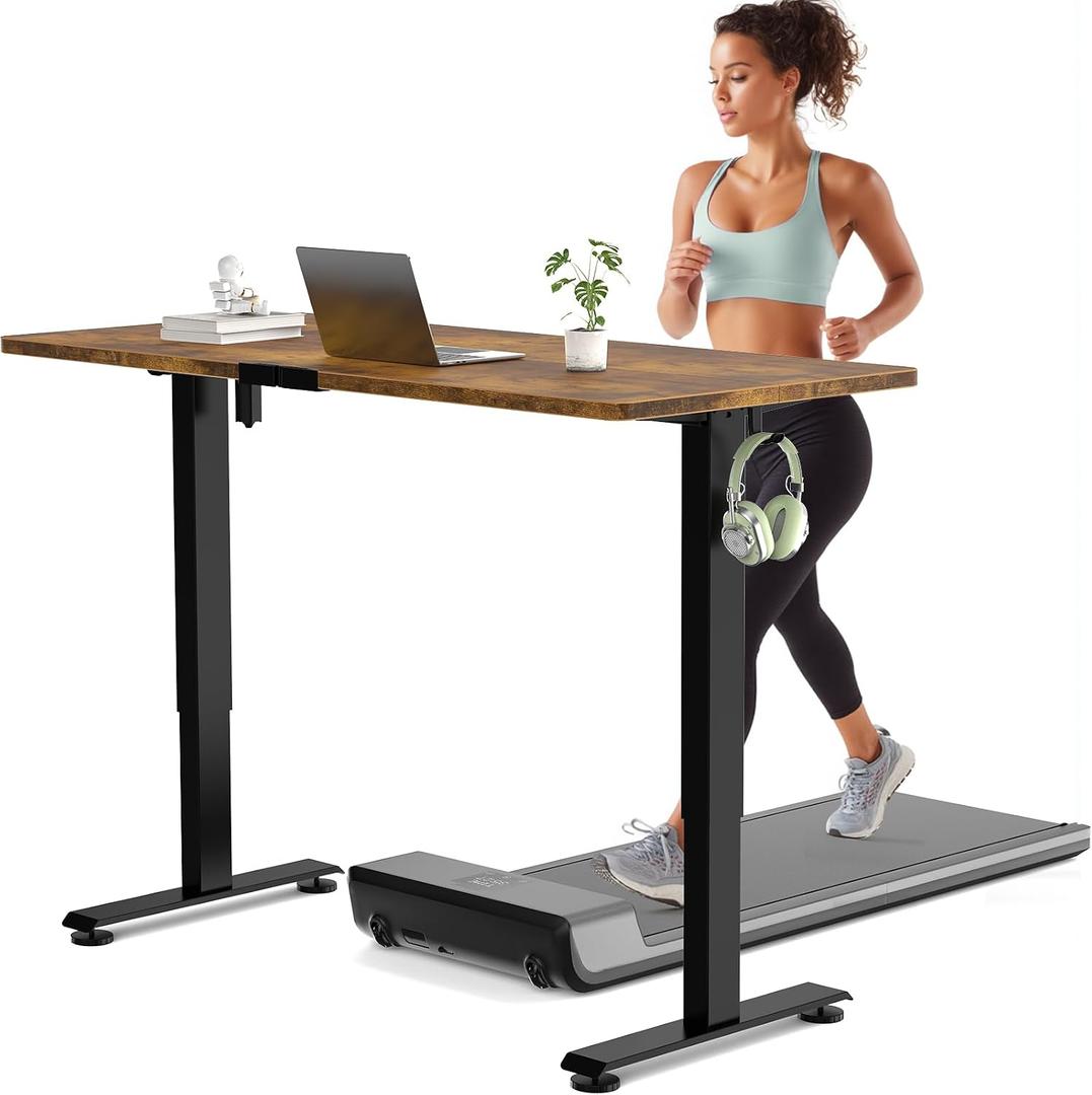 Veken 55 Inch Large Electric Standing Desk, Heights Adjustable, Sit to Stand Up, Work Home Office Computer Table for Study, Walking Pad, Writing, and Games, Wooden Desktop Desks, Brown, 5523.6 Inch