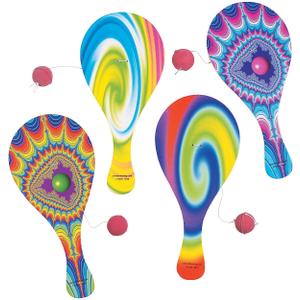 Fun Express Classic Paddle Ball Games Set of 12 - Vintage Wooden Paddle Ball Toys with String for Kids | Retro 90s Nostalgia Party Favors | Psychedelic Design Traditional Paddleball Game Set