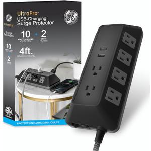 GE UltraPro Adapt 10-Outlet Surge Protector with USB Ports, 2 USB-A Ports, 2.4A, 12W, 4ft Braided Cord Power Strip Surge Protector, 3540 Joules, Black, 73775 GE UltraPro Adapt 10-Outlet Surge Protector with USB Ports, 2 USB-A Ports, 2.4A, 12W, 4ft Braided Cord Power Strip Surge Protector, 3540 Joules, Black, 73775