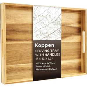 Koppen Acacia Wood Serving Tray with Handles, 17" x 13", Large Wooden Platter for Breakfast, Ottoman Tray for Party, Snacks, Fruit, Coffee Table, Living Room, Sofa, Bed, Outdoor, Natural Color