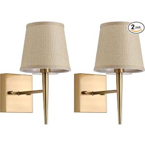 EFINEHOME Set of 2 Mid-Century Modern Wall Sconce with Fabric Shade| 1-Light Antique Gold Indoor Wall Lamp Fixture| Hallway Bathroom Vanity Light Sconces Mirror Cabinet Stairway Wall Lights (Grey)