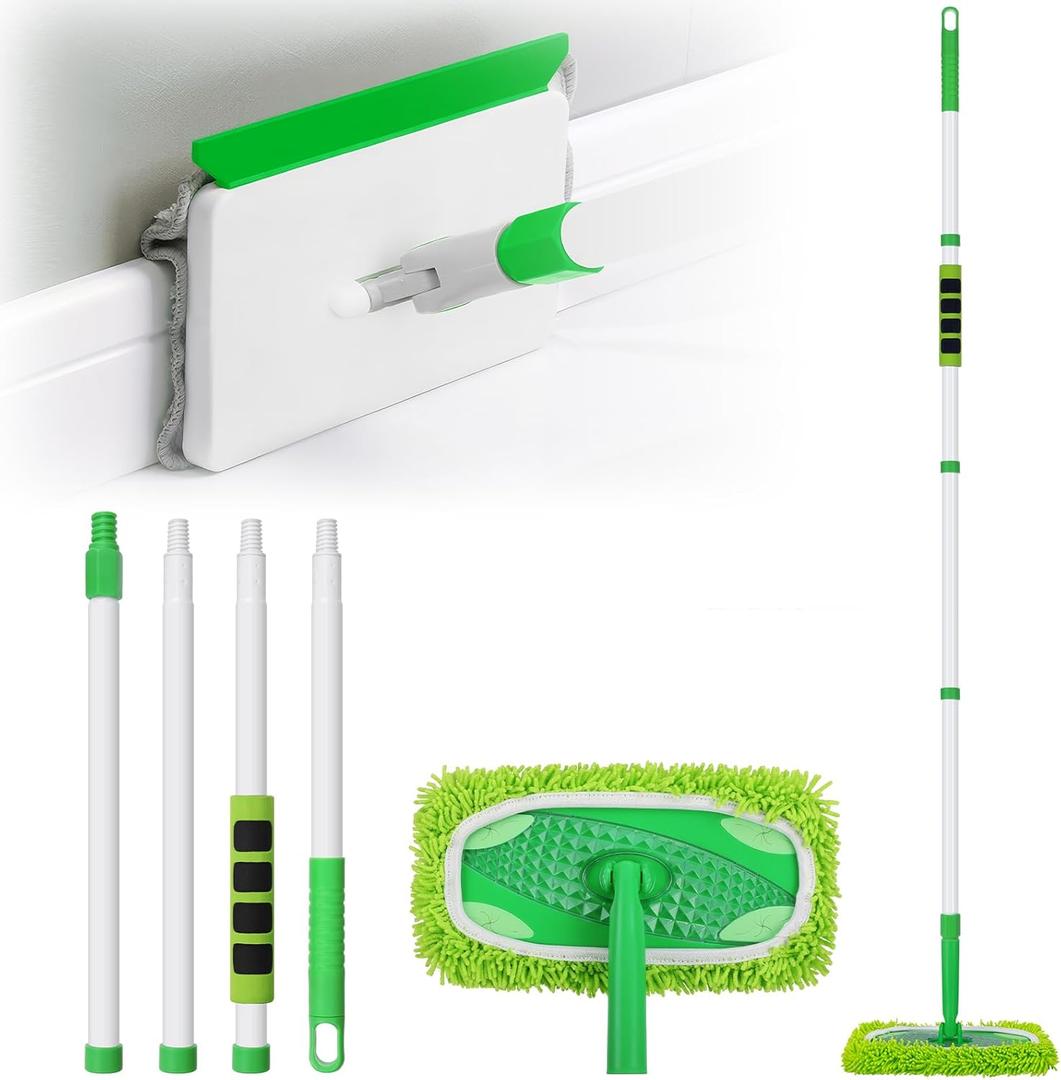 Baseboard Cleaner Tool with Handle, Extendable Long Handle Baseboard Floor Cleaning Tool Duster with Reusable Pads for Floorboard Green
