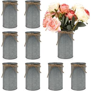 8 Pcs Large Farmhouse Vase with Twine Bow, 6x3.6 in Vintage Flower Vase Decor, Galvanized Metal Flower Vases Rustic Vase for Table Centerpiece Weddings Home Decoration (Gray)