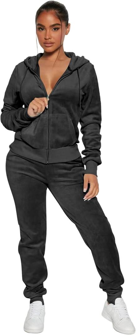 yidengymx Womens 2 Piece Velour Tracksuit Two Piece Soft Velvet Hooded Outfits for Women (Black, XS)