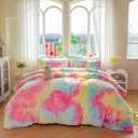 Faux Fur Kids Girls Rainbow Comforter Sets Twin/Full - 3PC Bed Set Warm Comfortable Soft Plush Flannel Velvet Fluffy Fuzzy BeddingComforter x 1 Pillowcases x 2