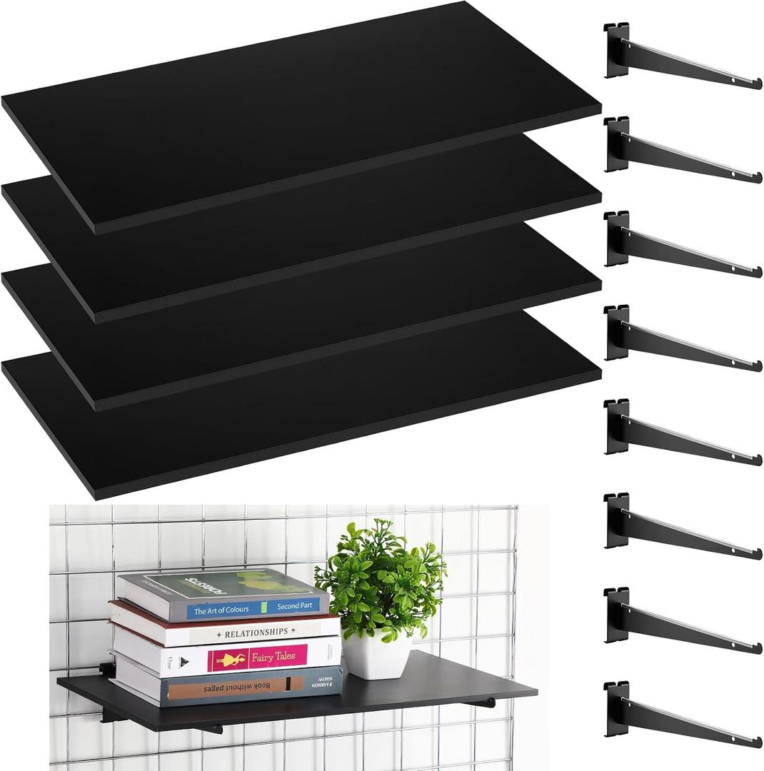 Barydat 4 Pack Gridwall Shelf with Metal Brackets 24 x 12 Inches Wooden Gridwall Shelves Organizer Heavy Duty Grid Wall Accessories for Home Garage Workbench Retail Display