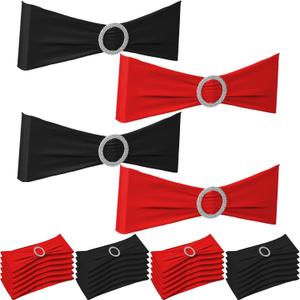 Newwiee 24 Pieces Colored Chair Sashes Spandex Dining Stretch Chair Sashes Bands with Buckle for Wedding Event Fiesta Mexican Party Favor Ceremony Reception Banquet Decoration (Red Black)