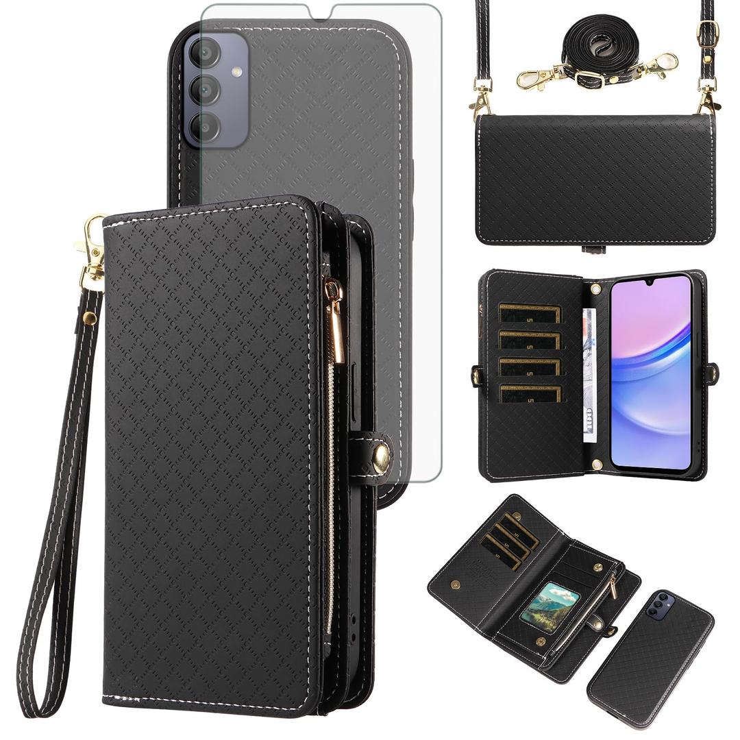 Asuwish Phone Case for Samsung Galaxy A15 5G/4G Zipper Wallet Detachable Cell Cover with Tempered Glass Screen Protector Crossbody Lanyard Strap Flip Card Holder Slot A 15 G5 15A Women Girls Black