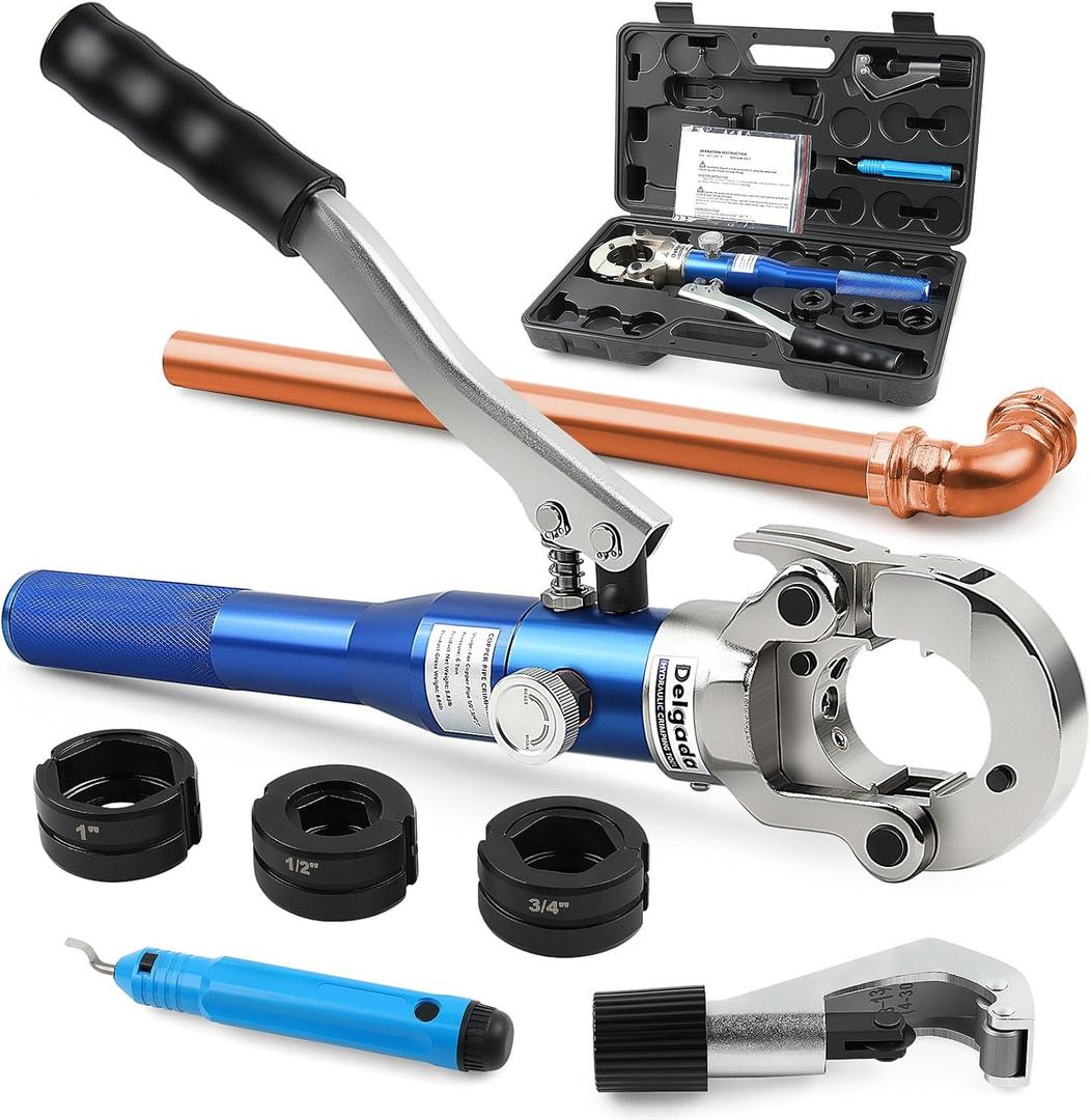 Delgada Copper Propress Tool Hydraulic Copper Pipe Crimping Tool with 1/2" 3/4" 1" Jaws, Pipe Cutter and Deburring Tool, for Plumbing Narrow Space and Tee Fittings