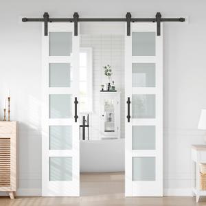 FREDBECK Double 18 x 84 inch White Glass Barn Doors 36inch with 6.6FT Hardware Kit & Handle Included,5-Panel Frosted Glass,Water-Proof PVC Surface,Pre-Drilled Holes,Need Assembly