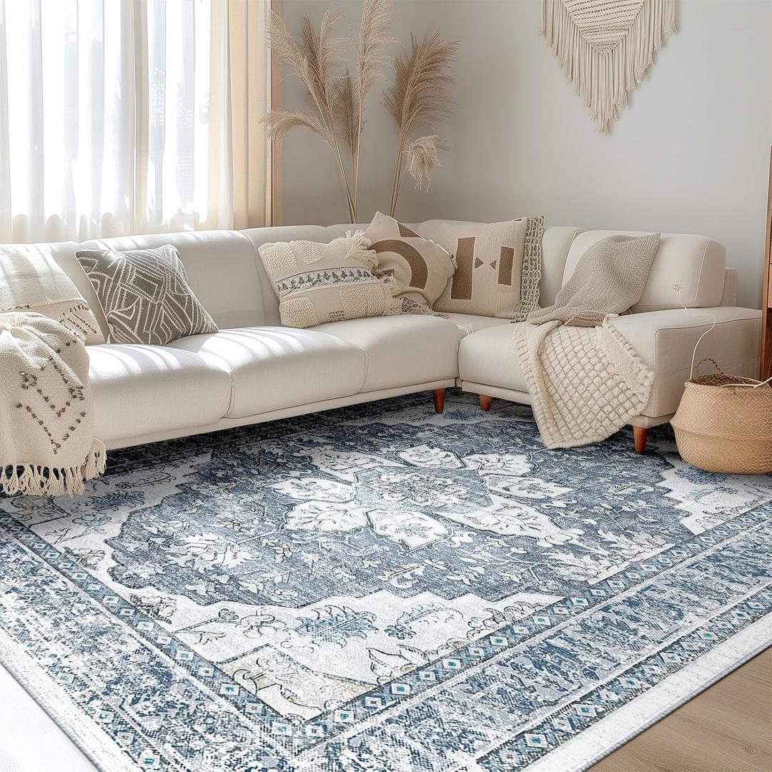 BESTSWEETIE 9x12 Area Rug Washable Rugs for Living Room, No Pile Boho Carpet for Entryway Bedroom Dinning Room, Vintage Carpet Print Distressed Non-Slip, 9 x 12 ft, Blue Grey White