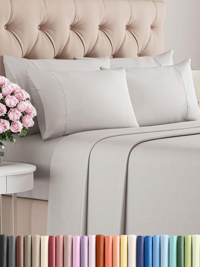 Queen Sheets Set 6 Piece - Includes 4 Pillowcases - Bed Sheets Queen Size - Soft Hotel Luxury Bedding - Cooling, Comfy & Breathable - 1 Flat & 1 Fitted & 4 Pillowcases w/ Deep Pockets - French Grey