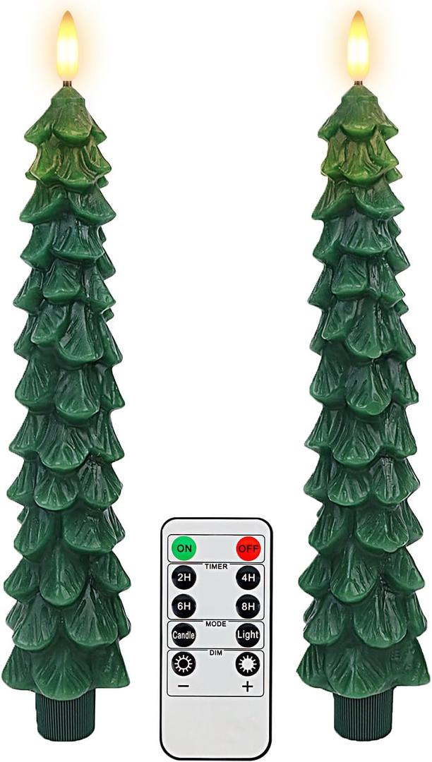Warmhere Christmas Tree Candles with Remote Timer, 2 Pack Flameless LED Taper Candles Battery Operated, 3D Flame Flickering, Green Waxy Christmas Candlesticks for Home Fireplace Decor, 0.78" x 9.5"