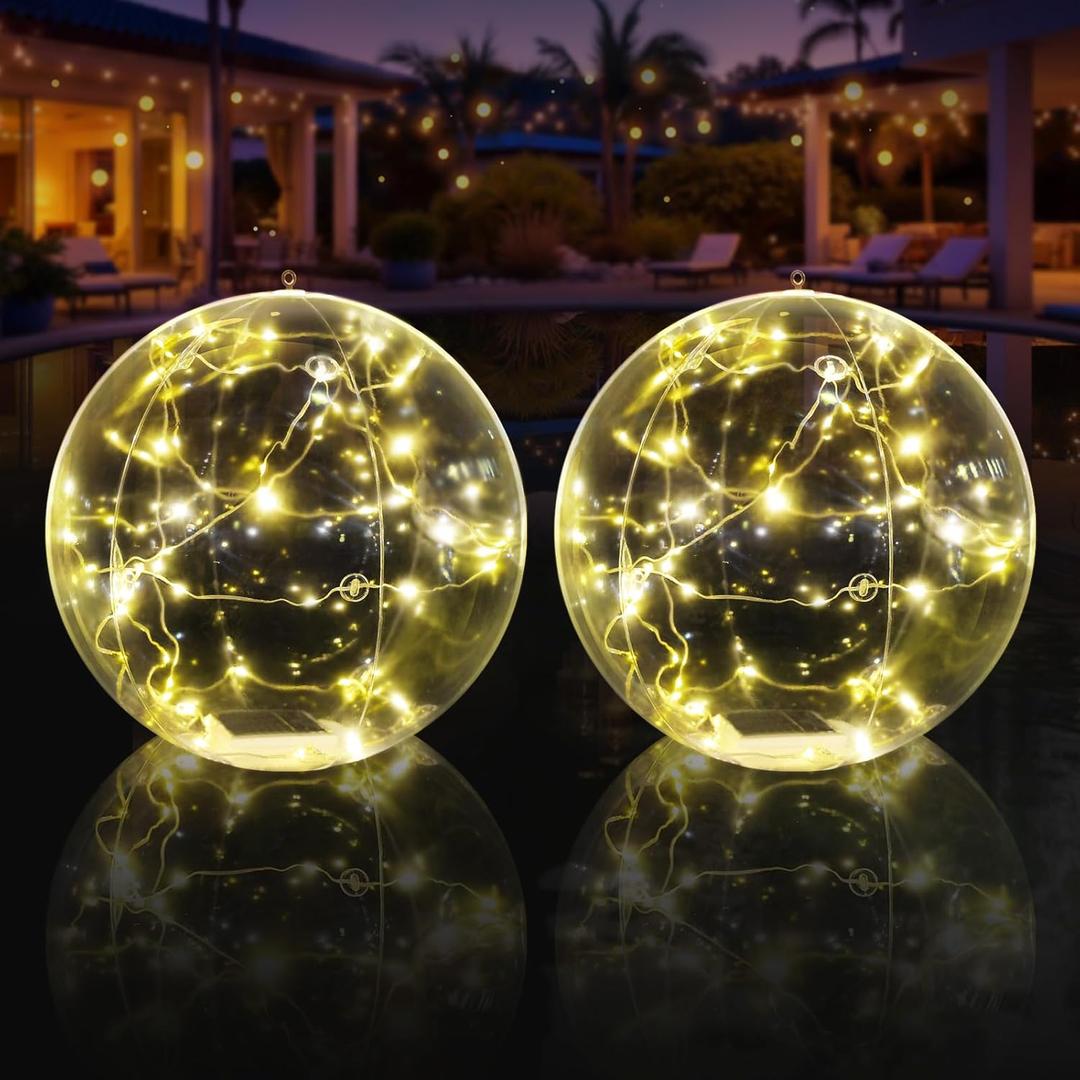 Floating Pool Lights, Warm White LED Solar Pool Lights That Float, IP68 Waterproof Light up Pool Balls, 15" Inflatable Floating Light for Pools Party Wedding Decor (2Piece)