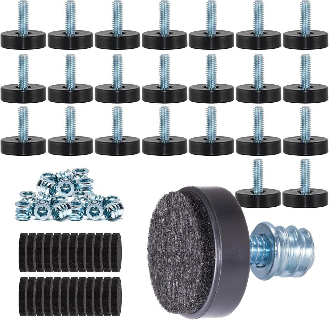 NEWBYTEK 24 Pack M6 Thread Adjustable Furniture Levelers with Self-Adhesive Felt Pads – 1" Leveling Feet & Floor Protectors for Chairs, Tables on Hardwood Floors