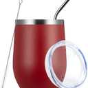 MEWAY Stemless 12oz Wine Tumbler Glasses with Lid -Insulated Double Wall Vacuum Stainless Steel Travel Tumbler with Straw,for Woman Under 10 dollars (Red,1) (1 Count (Pack of 1))