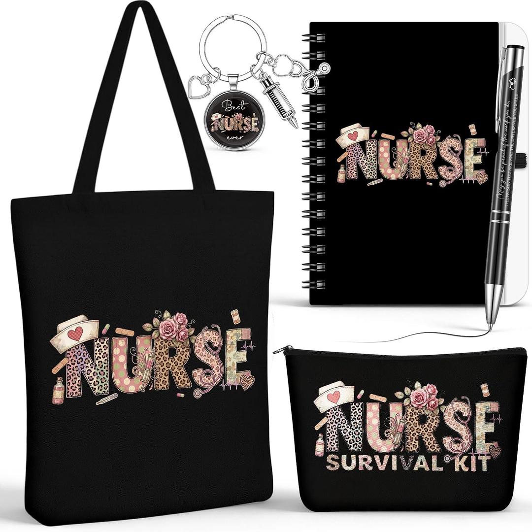 Kosiz 5 Pcs Nurse Gifts for Women, Cosmetic Bag, Canvas Bag, Coil Notebook, Ballpoint Pen and Keychain Inspirational Gift for Office School Graduation Teacher Coworker Christmas