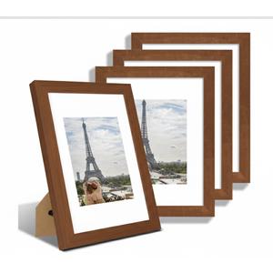 Hongkee 9x11 Picture Frame Set of 4, Made of Real Glass and Rustic Brown Frame - Display Picture 7x9 with Mat or 9x11 Without Mat, 9 by 11 Photo for Wall or Tabletop