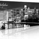 DJSYLIFE Philadelphia Skyline Canvas Art - 13.8"x47.3" Black & White Cityscape Wall Decor, Modern Panoramic Night View Print for Living Room, Office, Bedroom - Ready to Hang