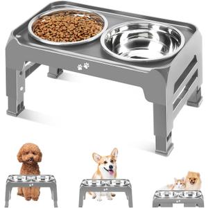 COMESOON Elevated Dog Bowls for Small Medium Dogs, 3 Height Adjustable Raised Stand with 2 Thick 6" Stainless Steel Food Bowls, Non-Slip Feeder Adjusts to 2.75", 6", 7.5", Grey