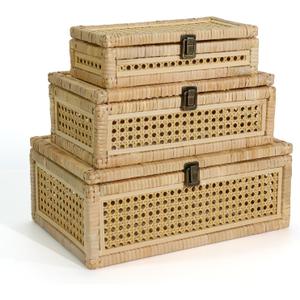 Boho Rattan Display Boxes with Rattan Lids, 3 Pcs Large Natural Handwoven Cane Basket, Home Decor Organizers Storage Bins, Natural Finish Display Boxes
