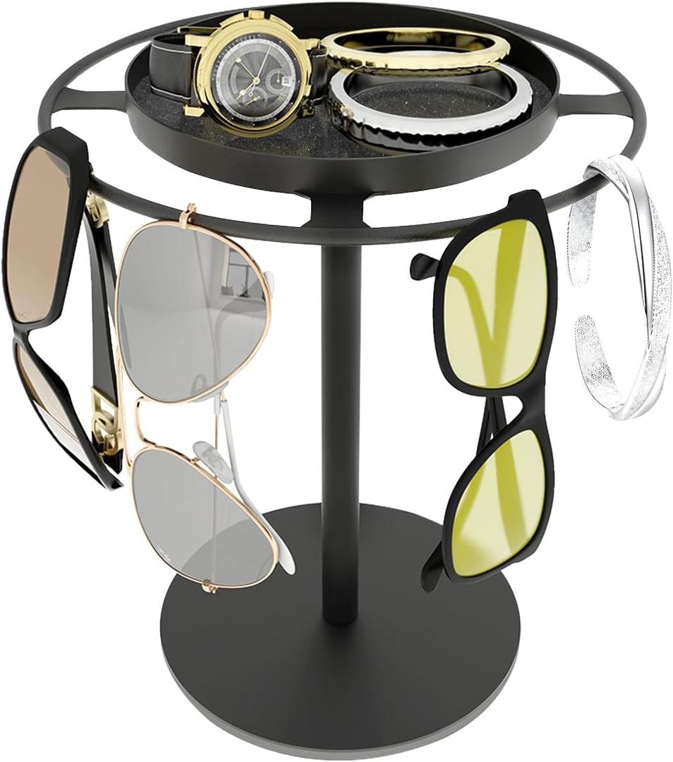 LSK Metal Sunglasses Organizer, Glasses Holder Stand with Storgae Tray, Eyeglasses Holder with Anti-Slip Pads for Tabletop, Desk, Dresser, Matte Black
