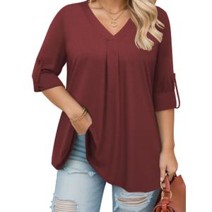 3/4 Length Sleeve Womens Tops Plus Size Going Out Pleated V Neck T Shirts (Red)