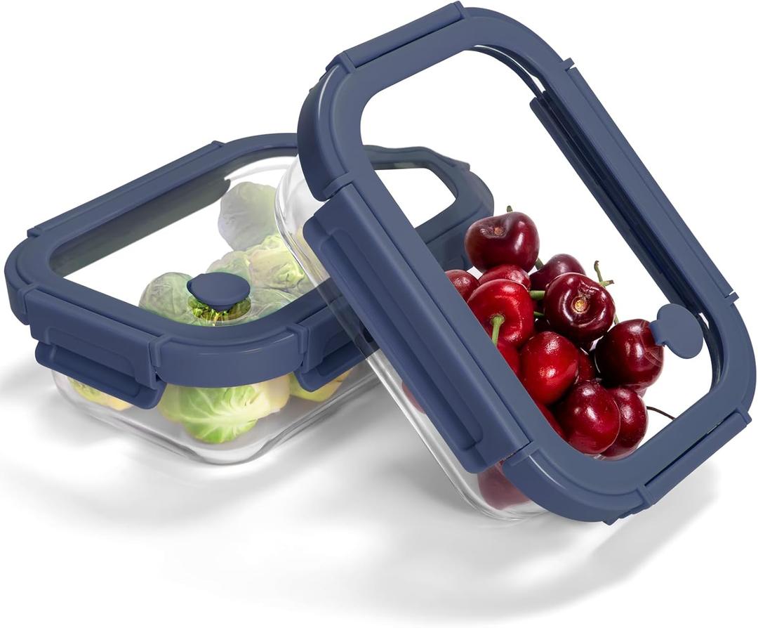 2-Pack Glass Food Storage Containers with Tempered Lids (21.3oz/2.7cup) - Airtight Snap Lock, Microwave & Oven Safe (-4~ 950F), Freezer to Baking Dish, BPA-Free, Gift Box (Blue)