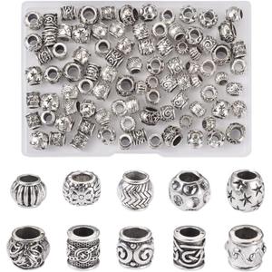 Craftdady 100pcs Antique Silver Barrel European Beads Tibetan Metal Drum Loose Beads Large Hole Rondelle Column Spacer Beads with Wavy Pattern for Jewelry Making Hole: 4-6mm