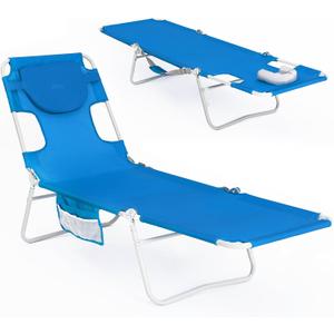#WEJOY Folding Tanning Chair with Face Hole, 5 Positions Face Down Beach Lounge Chairs with Pillow for Outside Sunbathing Poolside (Blue), Oversized