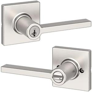 Kwikset Casey Entry Door Handle with Lock and Key, Secure Keyed Reversible Lever Exterior, For Front Entrance and Bedrooms, Satin Nickel , Pick Resistant Smartkey Rekey Security and Microban