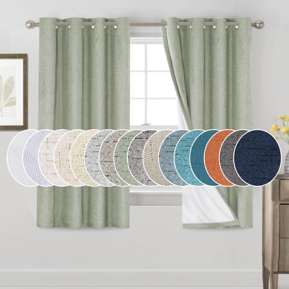 PrinceDeco 100% Blackout Linen Curtains 63 Inches Long 2 Panels Thermal Insulated Burlap Curtain with White Liner Grommet Room Darkening Textured Curtains for Bedroom Living Room (52x63 inch, Sage)