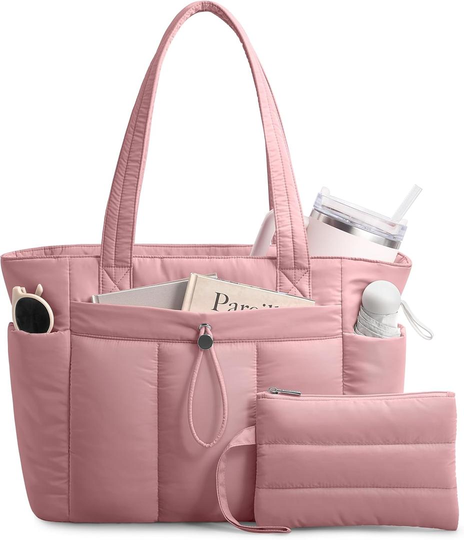 TOPDesign Puffy Tote Bag for Women with Cup Holder & Laptop Compartment & Cosmetic Bag & Trolley Sleeve for Work, Travel (Large, Dark Pink)