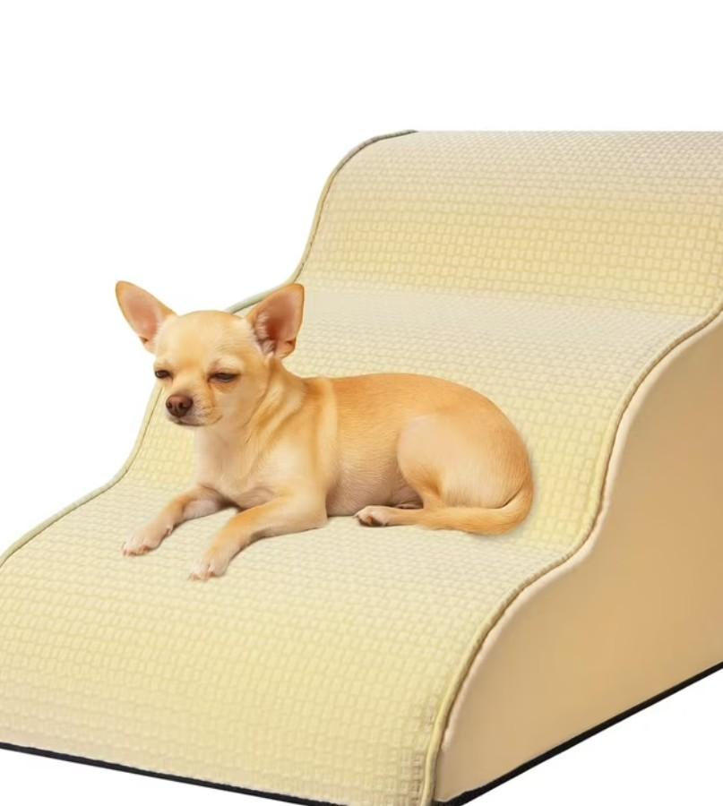 Dog Stairs for Small Dogs 15.7”H, Checked Flocking Fabric, with Cushioning Support Layer,3-Step Dog Steps for Bed, Couch,Sofa and Chair, Non-Slip Balanced Pet Ramp Indoor, Beige