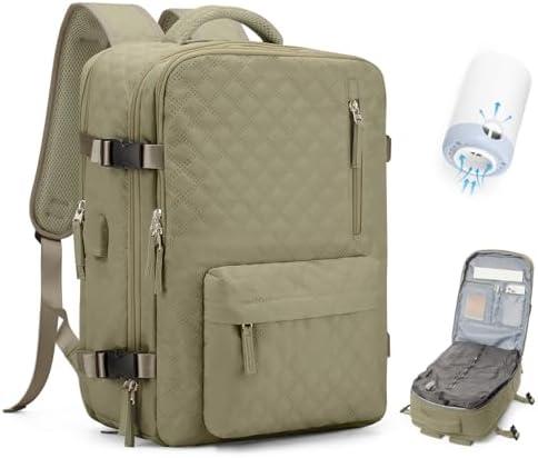 VECAVE Vacuum Travel Backpack with Pump for Women,Personal Item Carry on Backpacks Flight Approved 18x14x8 inches for Men,Laptop Waterproof Work Compression bags Casual Daypack Khaki.