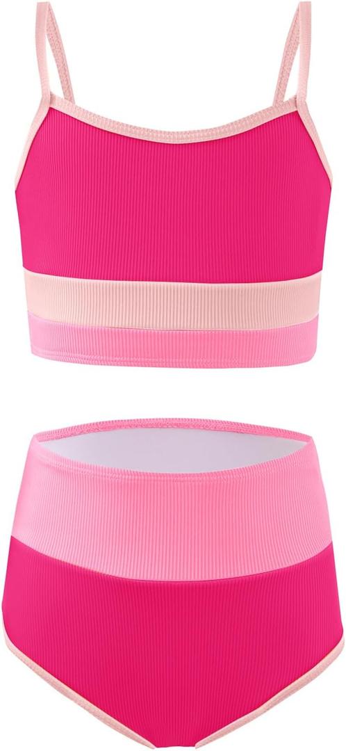 Haloumoning Girls Swimsuits Bikini Set Adjustable Straps Two Piece Color Block Girls' Swimwear with Chest Pad 5-14 Years (13-14 Years, Hot Pink)