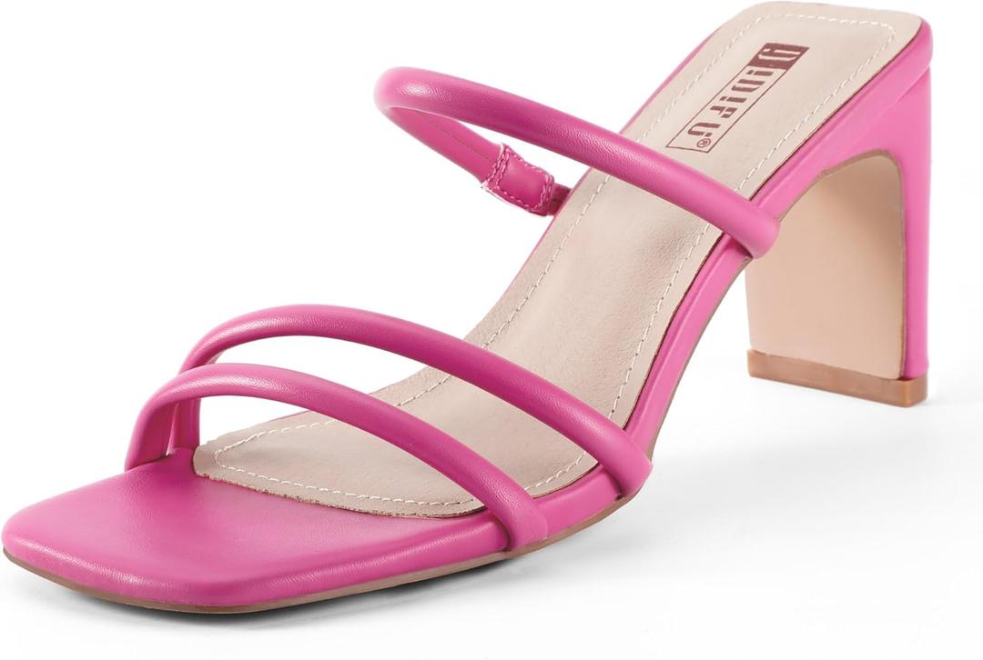 IDIFU IN3 Strappy Heels High Chunky Block Square Open Toe Slip On Slide Heels Mules Wedding Bridal Bride Prom Party Dress Shoes for Women Dressy Comfortable Cute Fashion Trendy Heeled Sandals (5, Hot Pink Pu)