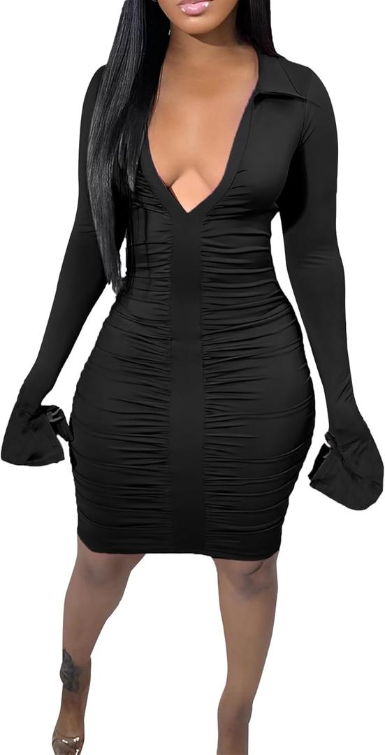 LYANER Women's Collar Low Cut V Neck Ruched Long Sleeve Bodycon Club Mini Dress (X-Small, Black)