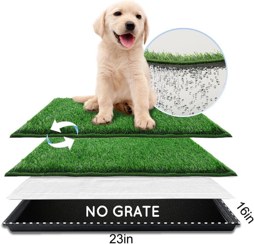 HQ4US Dog Grass Pad with Tray, Odor Free Grass Pee Pad for Dog Litter Box | Small Dog Potty Tray No Grate, Artificial Grass Fast Drainage, Hemmed Edge, Realistic, Fake Grass for Indoor Balcony, Size: S(No Grate) - 22" x 14" for Dog＜19'' Length