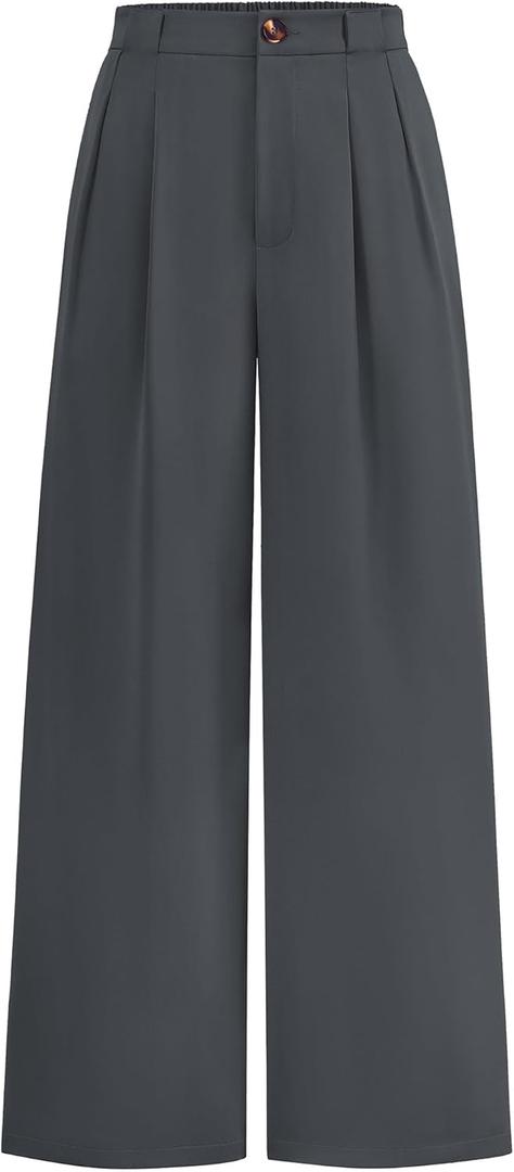 KIRUNDO Wide Leg Dress Pants for Women High Waisted Office Work Trousers Business Casual Slacks Button Flowy Palazzo Pant (Medium, Dark Grey)