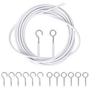 White Curtain Wire Plastic Coated Window Picture Hanging Wire with 8 Pairs of Screw Eyes and Hook 4 Meters