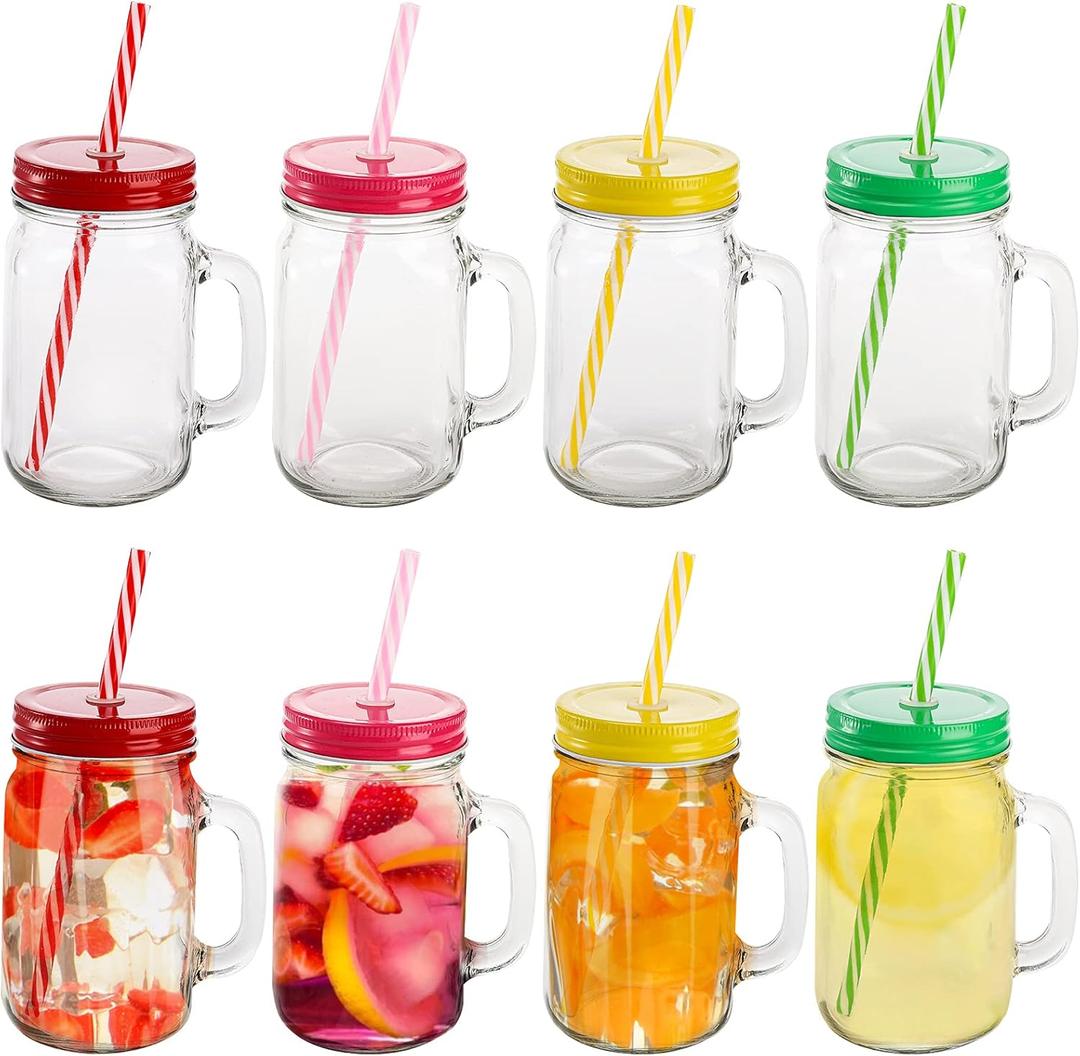 Suwimut 8 Pack Glass Mason Jar Cups with Lid and Straw, 16 oz Wide Mouth Reusable Mason Jar Drinking Glasses with Handle, Old Fashioned Clear Tumbler Mugs for Juice, Smoothie, Kombucha, Tea