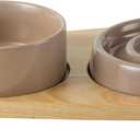 Ceramic Slow Cat Feeder Bowl, Raised Slow Cat Food Bowl, Elevated Cat Water Bowl with Wooden Stand, Pet Slow Feeder Bowl, Circle Shape. (2 x Bowl with Stand - Brown Coffee, 6inch)