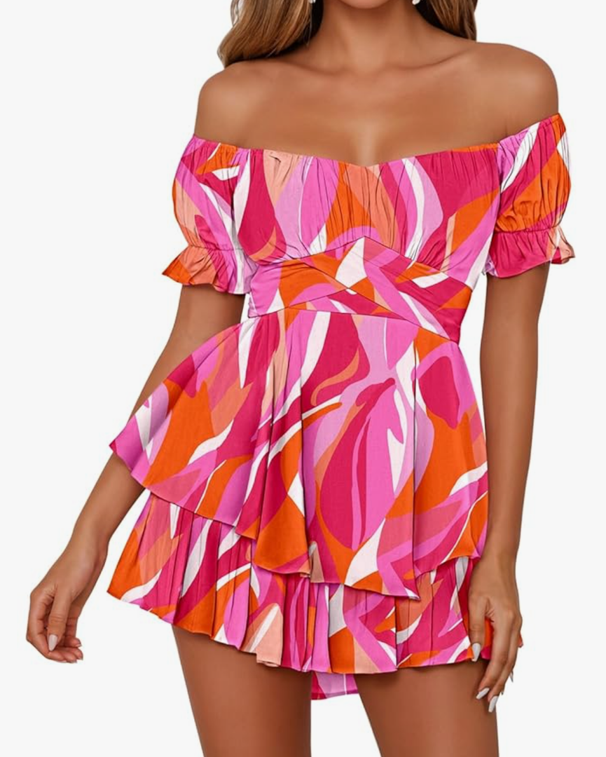 Fixmatti Women Boho Romper Off Shoulder Ruffle Chiffon Shorts Jumpsuit Playsuit (Large) M