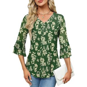 Rapbin Women Dressy Blouse 3/4 Sleeve Tiered Bell Sleeve Double Layers Mesh Shirt Trendy Flowy Tunic (Medium, A2 Green Yellow Floral)