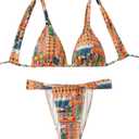 MakeMeChic Women's Floral Print 2 Piece Bikini Sets Tie Back Triangle Thong Bathing Suit Swimsuit (X-Large, Orange and Blue)