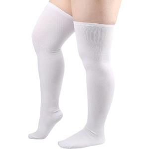 DRESHOW Plus Size Thigh High Socks Striped Over Knee Long Boot Stockings Knee High Tube Socks Leg Warmers for Women (1 Pair Plus Size: White / Fits 135-220 Lbs)