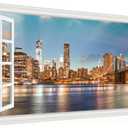 Window View New York Brooklyn Bridge Canvas Wall Art- Nature Landscape Canvas Print Picture Artwork Framed for Living Room Bedroom Bathrom Offce-24"x48"