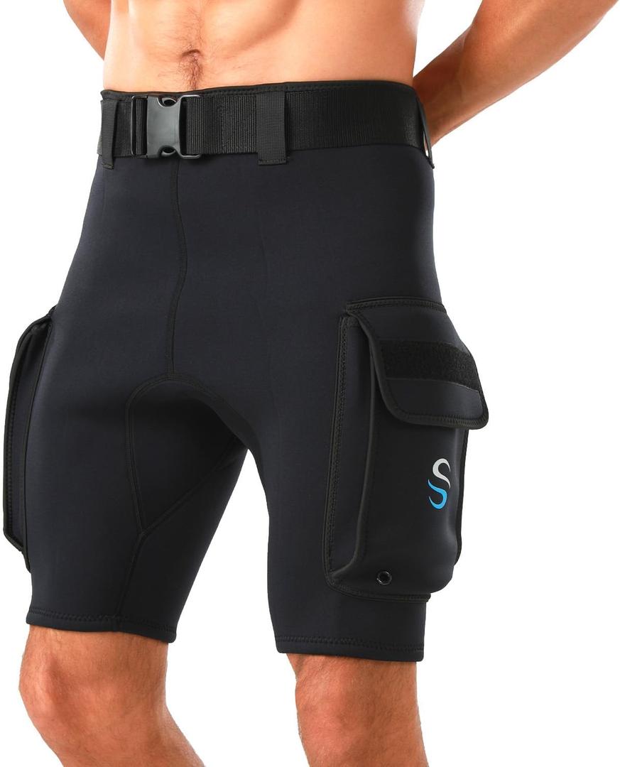 Wetsuit Shorts Pants Mens 3mm Neoprene Scuba Diving Shorts with Pockets Quick Release Buckle Adjustable Waist Belt Dropship Hybrid Cargo Shorts (Large, black)