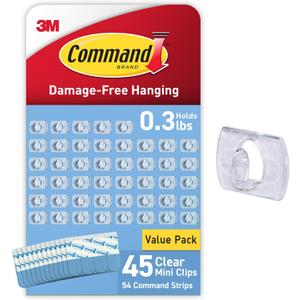 Command Clear Indoor Mini Light Clips Value Pack, 45 Clips, 54 Strips, Damage-Free String Light Hangers for Home, Room, Wall, Office, and Dorm Decor, Great for Cable Management, Holds Up to 0.3 lb